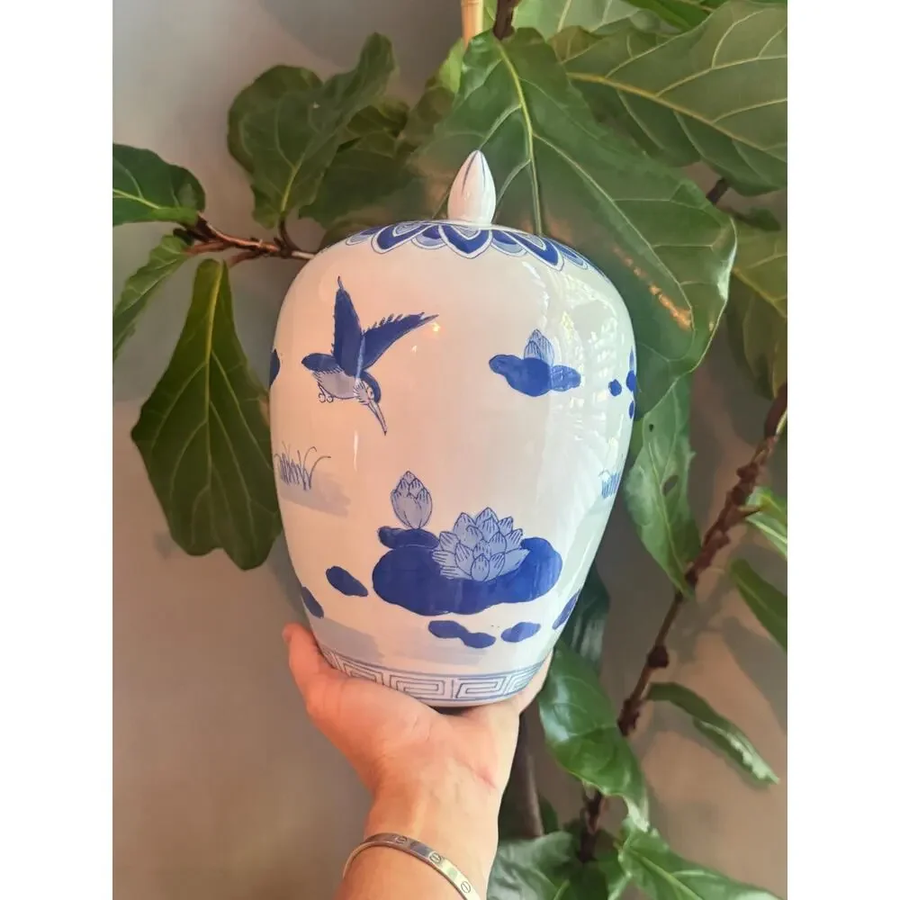 Vintage Chinoiserie Blue White Lotus Porcelain Melon Ginger Jar and Lid